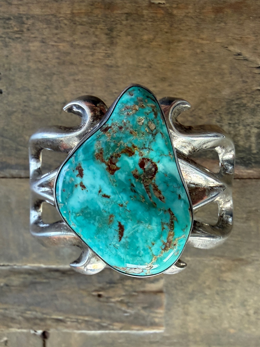 Native Navajo Handmade Cast Sterling Silver Turquoise Cuff Signed Tito C.